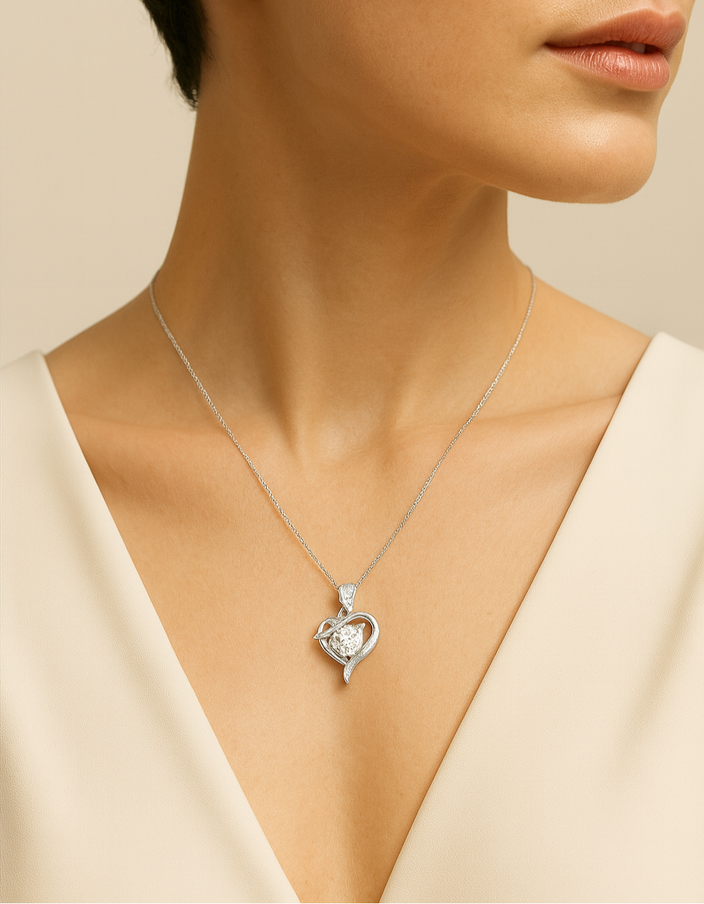 Close-up of a woman wearing a silver heart-shaped necklace against a beige background