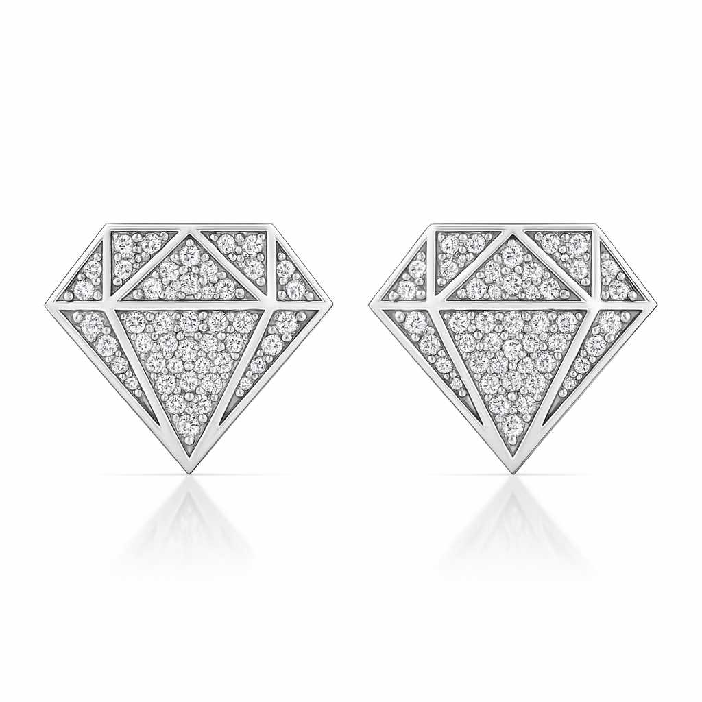 Diamond-shaped earrings with geometric design on a white background