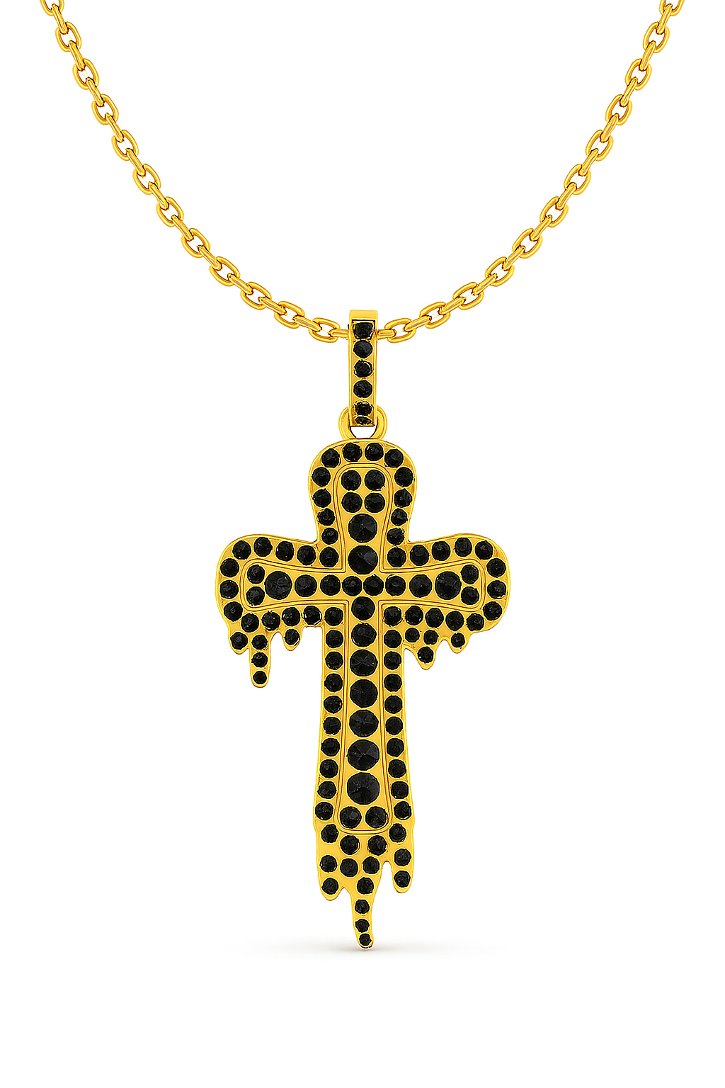 Gold cross pendant with black stones on a gold chain against a white background