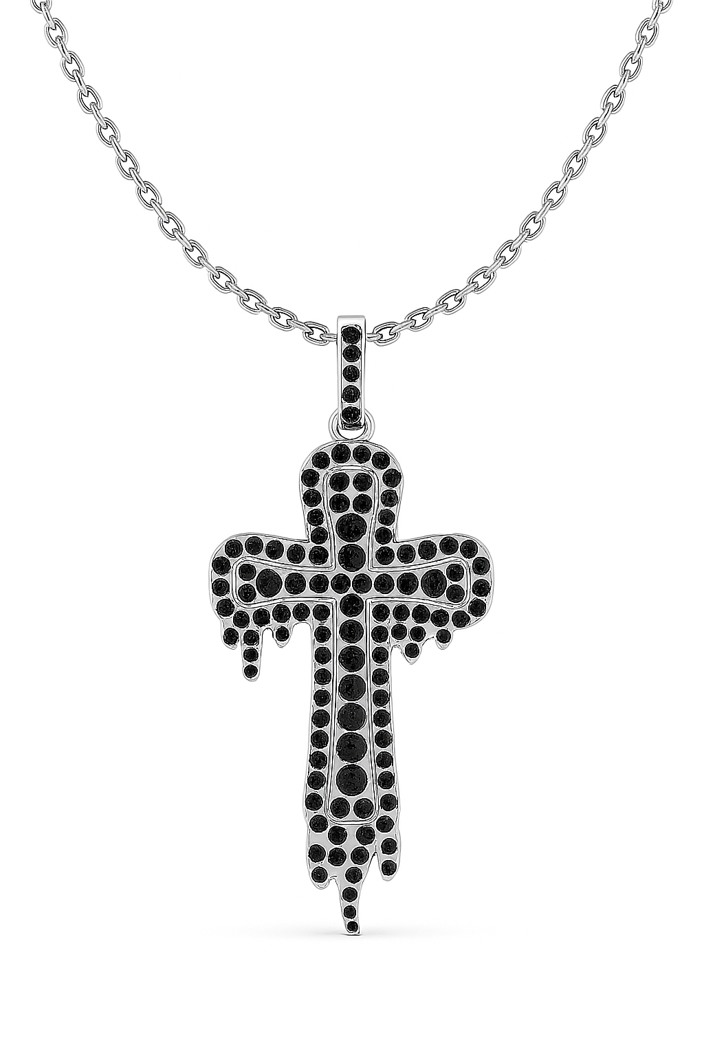 Silver cross pendant with black stones on a white background