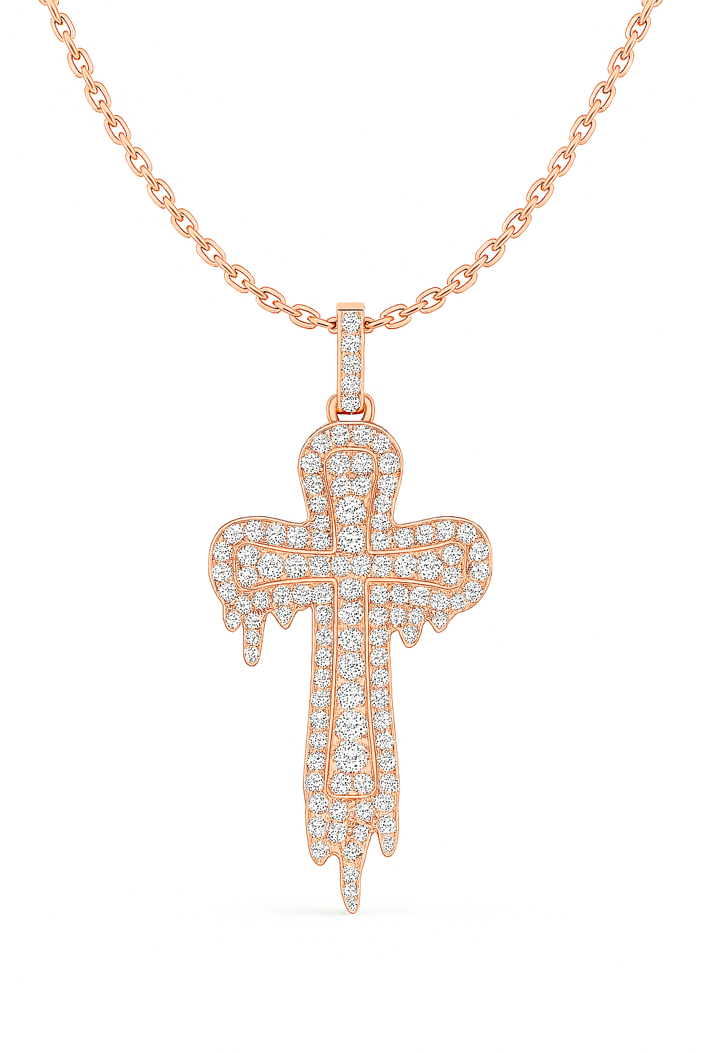 Rose gold cross pendant with diamonds on a white background