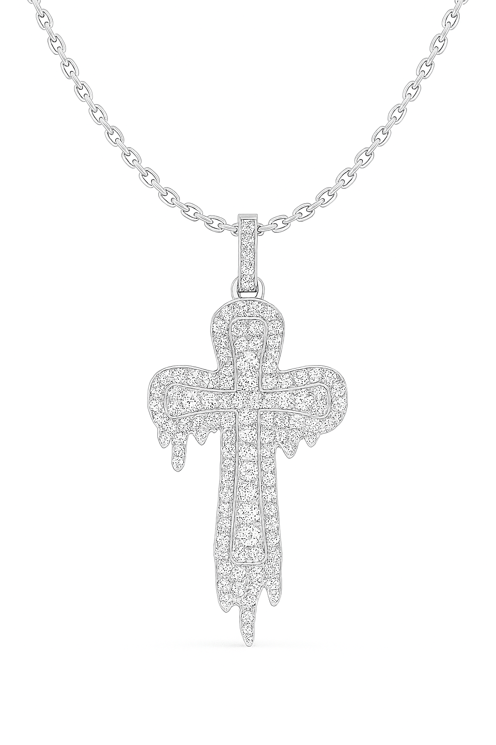 Diamond cross pendant on a chain against a white background