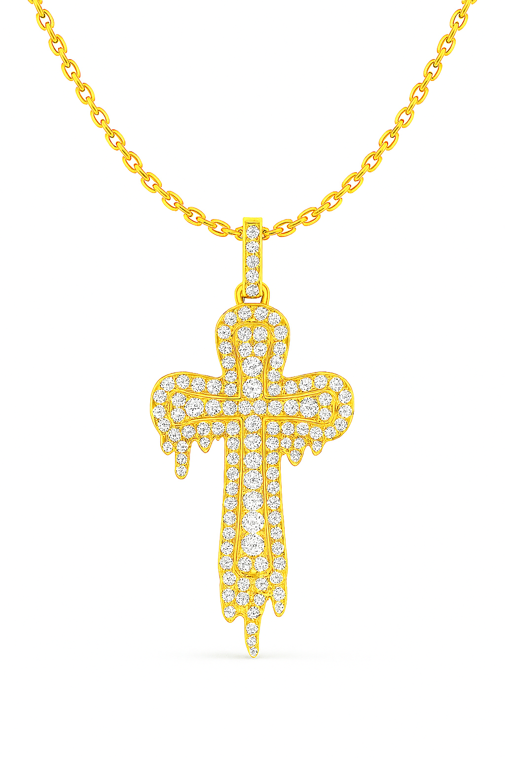 Gold cross pendant necklace with diamonds on a white background