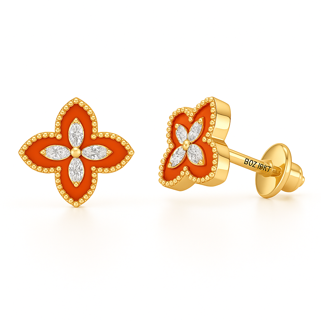 Butterfly-shaped earrings with orange and gold design on a white background