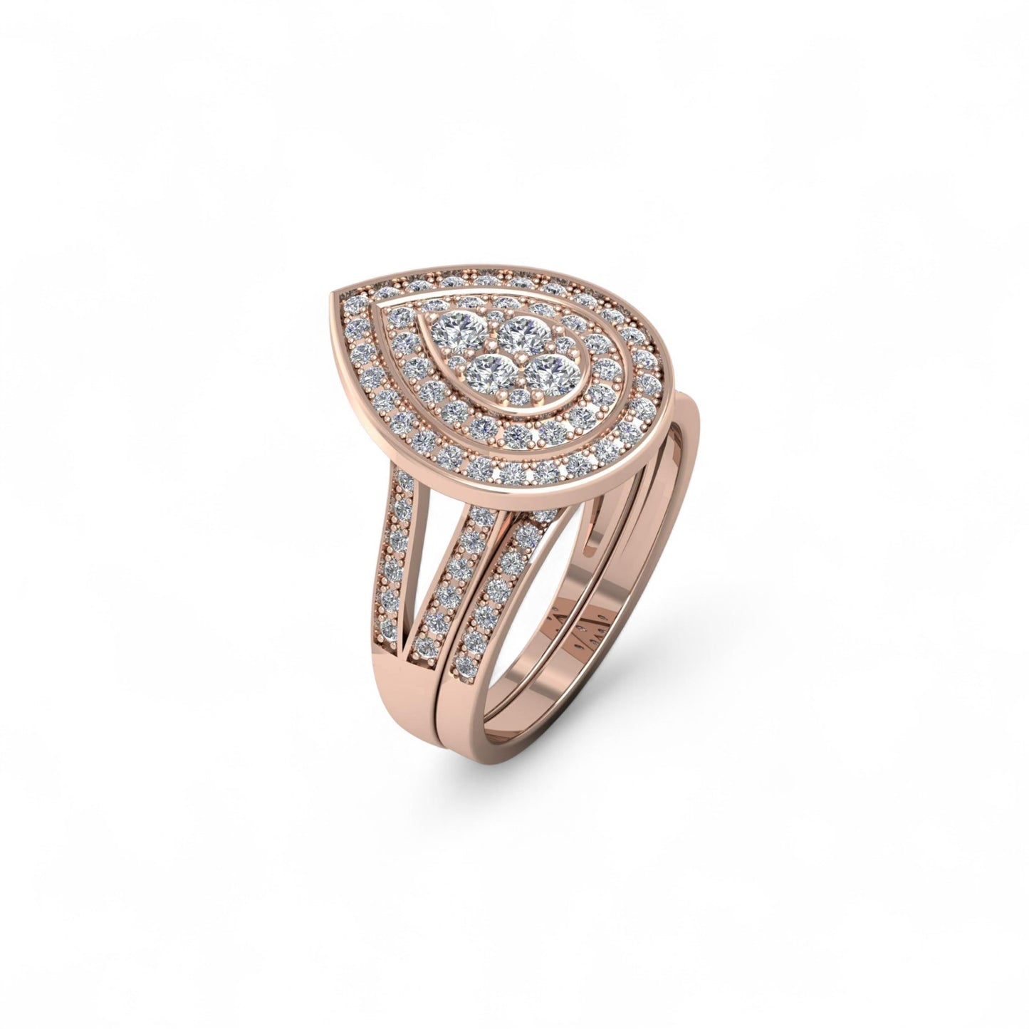 Rose gold ring with diamond accents on a white background