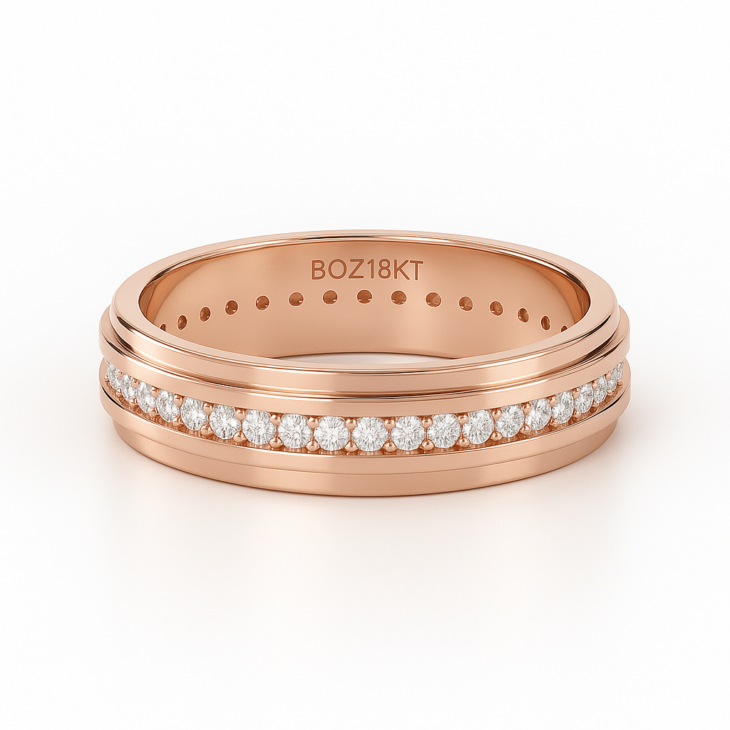 Rose gold ring with diamond accents on a white background