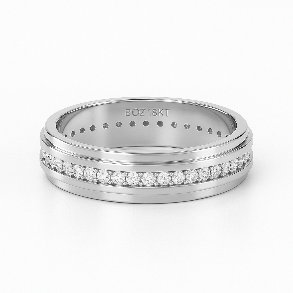 Gold ring with diamond accents on a white background