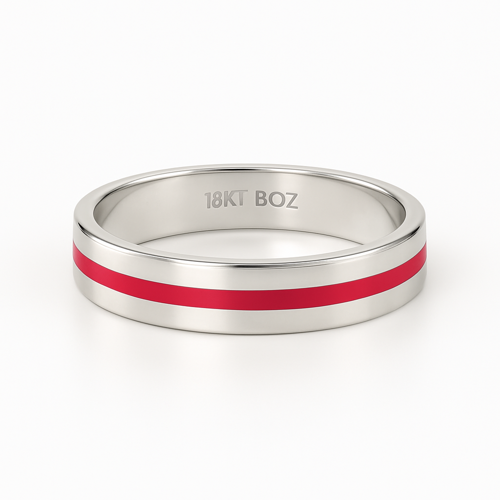 Silver ring with a red stripe and '18KT BOZ' engraving on a white background