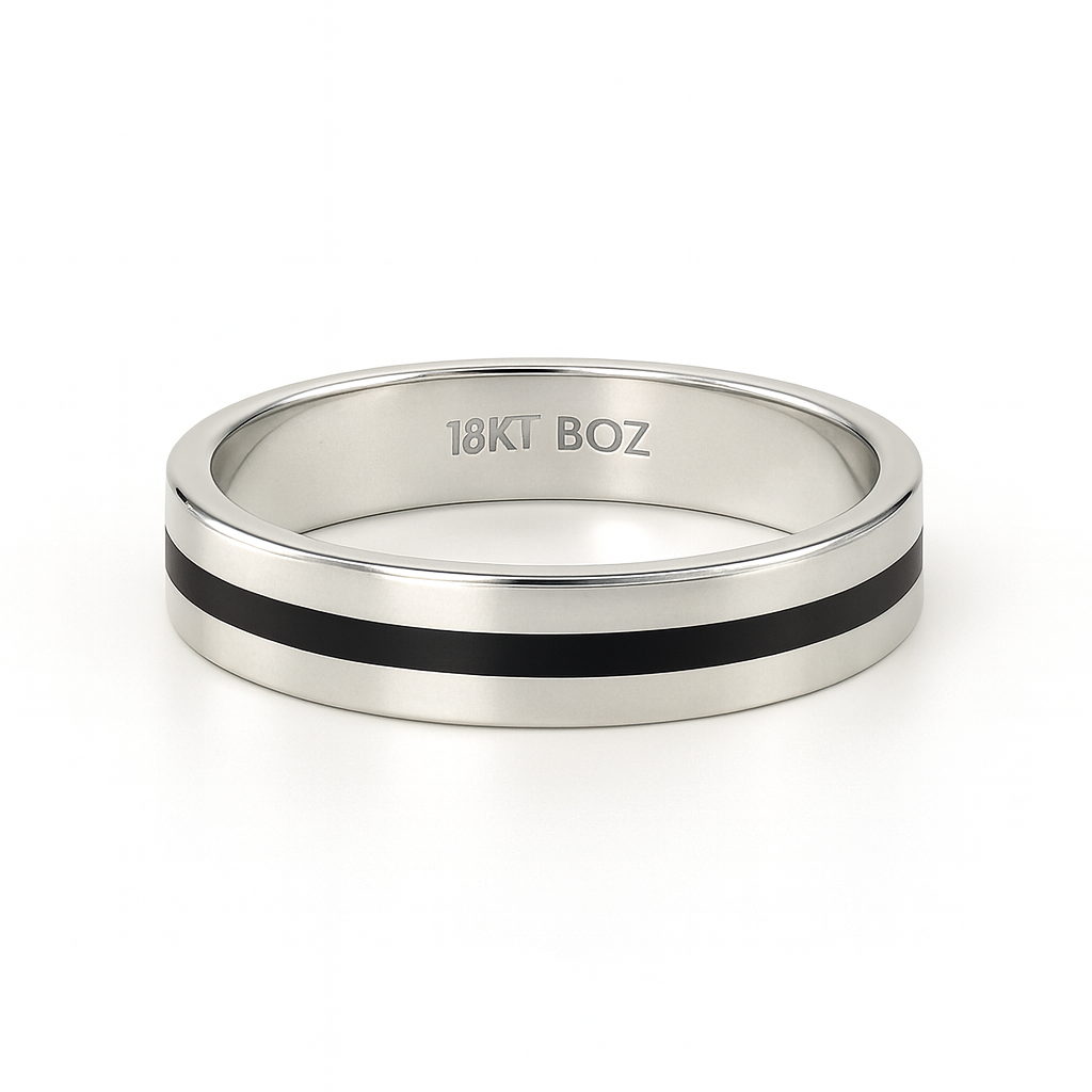 Silver ring with black stripe and '18KT BOZ' engraving on a white background