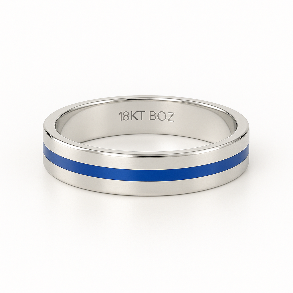 Silver ring with a blue stripe and '18KT BOZ' engraving on a white background
