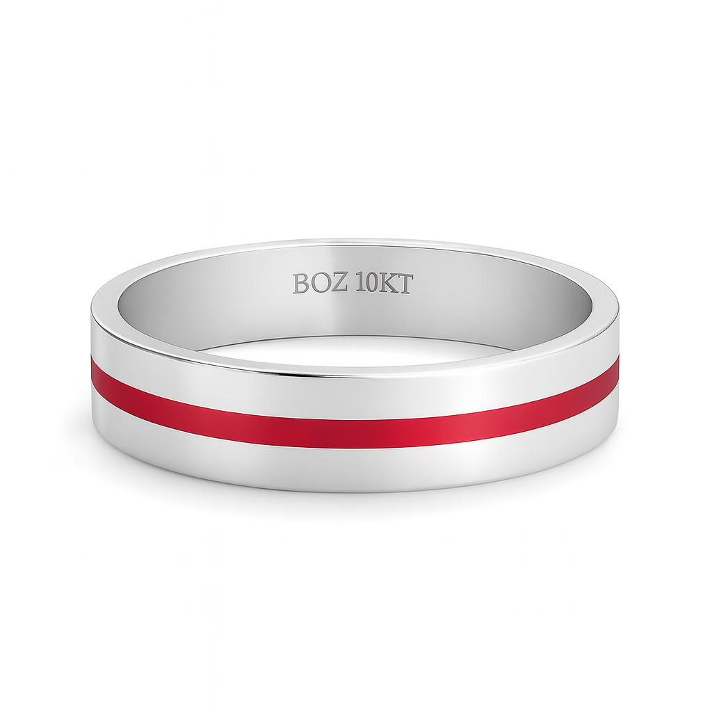 Silver ring with a red stripe and 'BOZ 10KT' marking on a white background