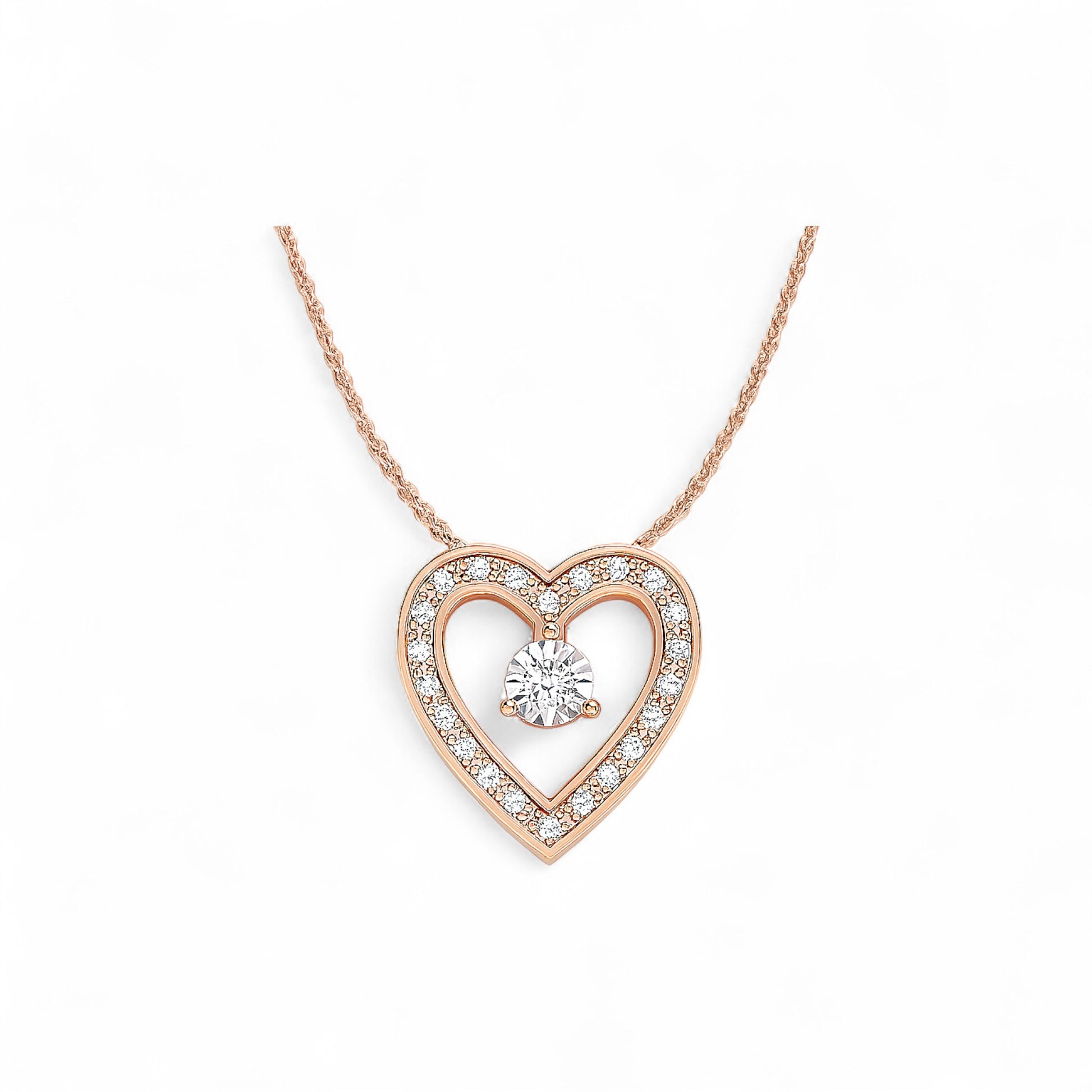 Rose gold heart-shaped necklace with a diamond on a white background