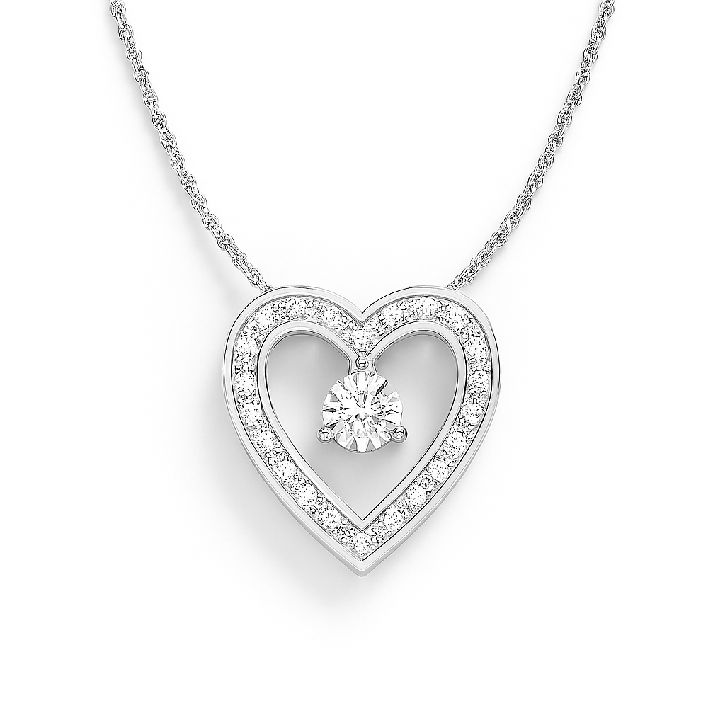 Heart-shaped diamond pendant on a white background