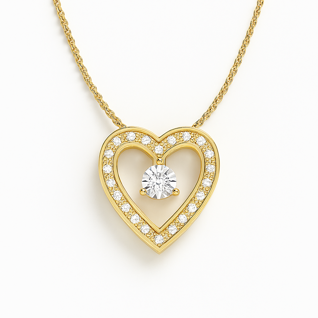 Gold heart-shaped necklace with a central diamond on a white background