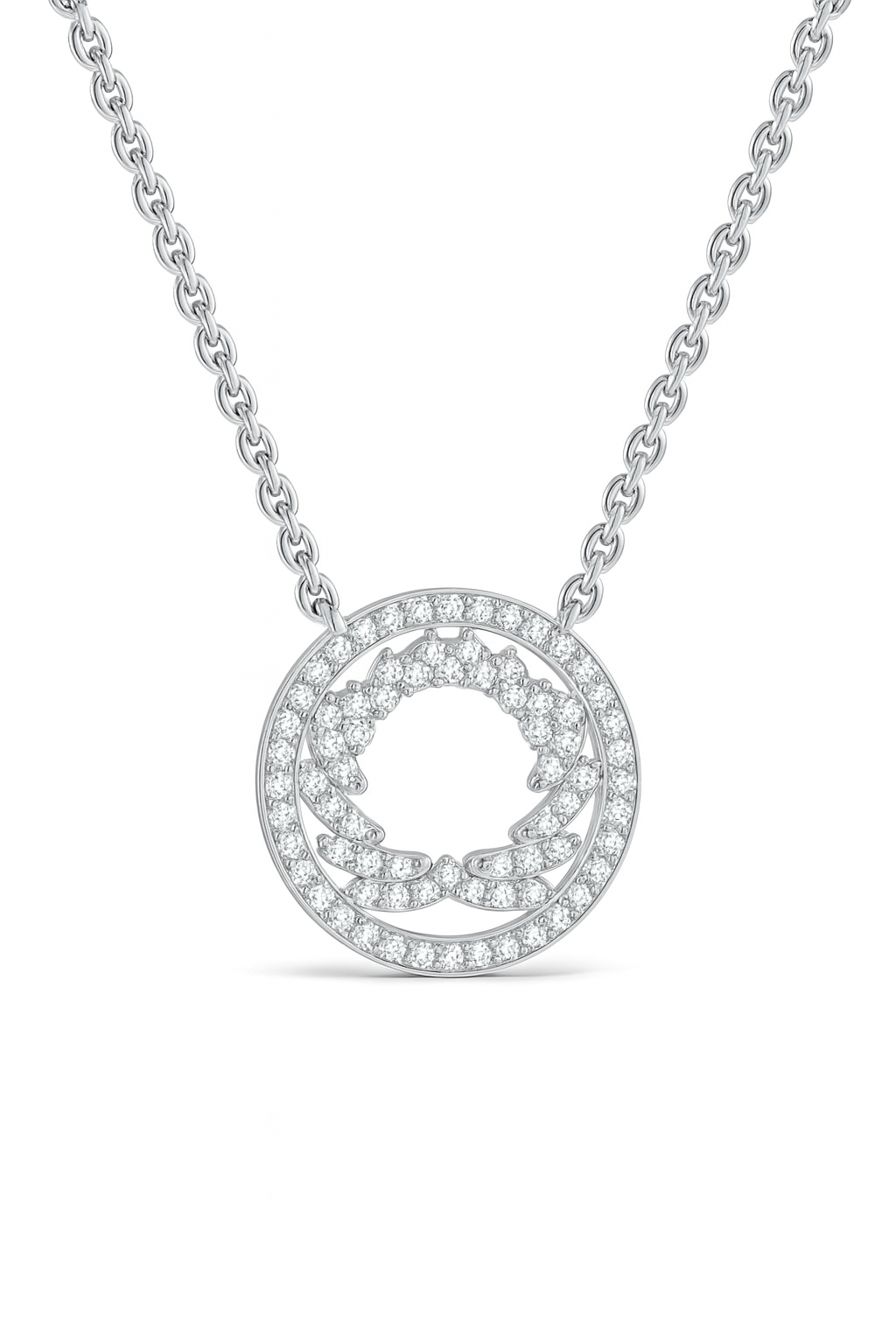 Silver necklace with a circular pendant on a white background