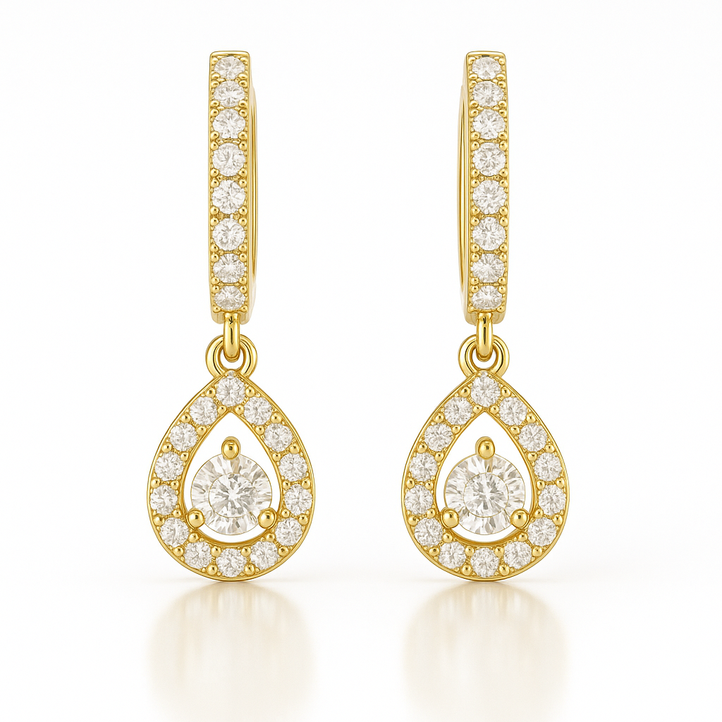 Gold teardrop earrings with clear gemstones on a white background
