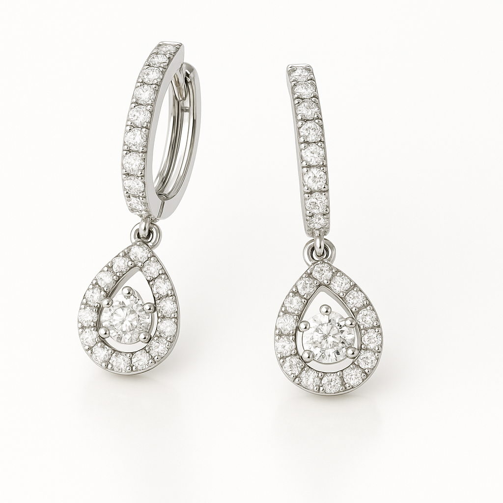 Pair of diamond teardrop earrings on a white background