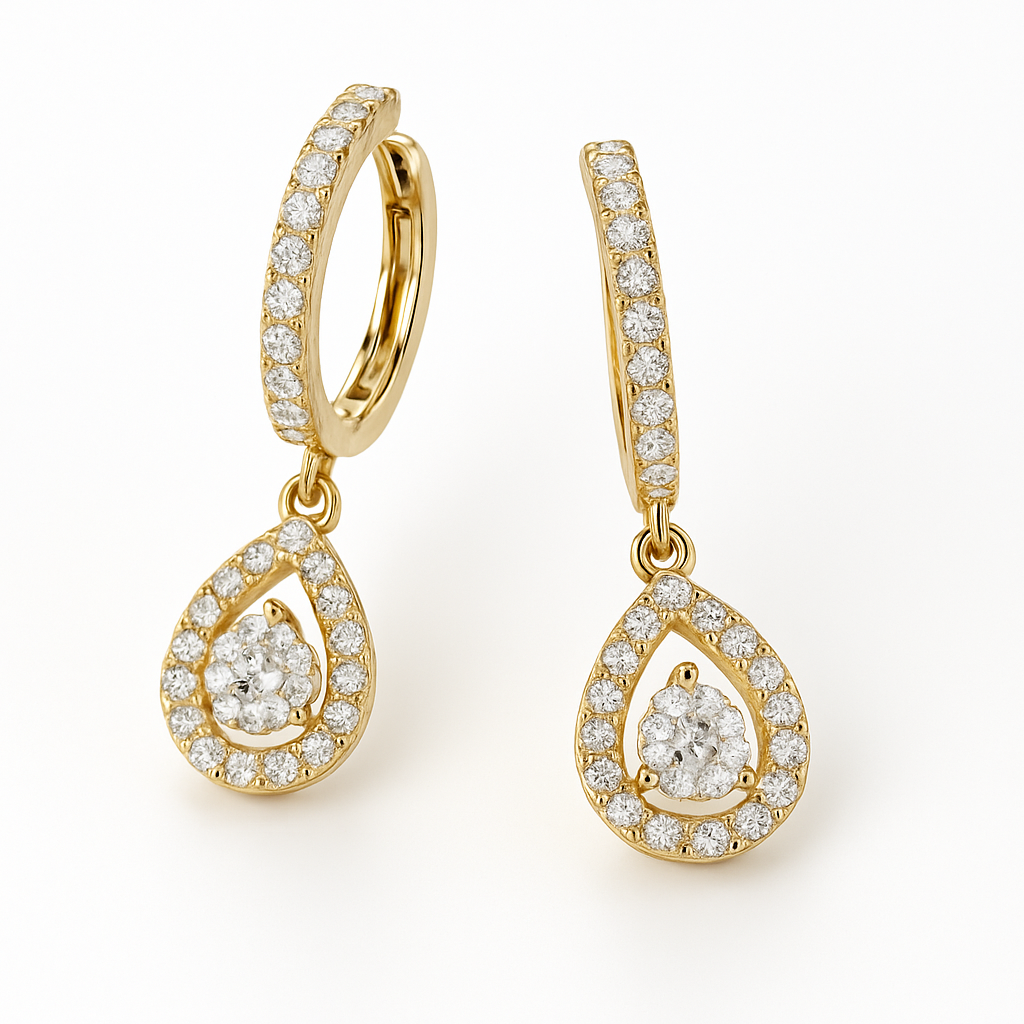 Gold earrings with teardrop design and diamond accents on a white background