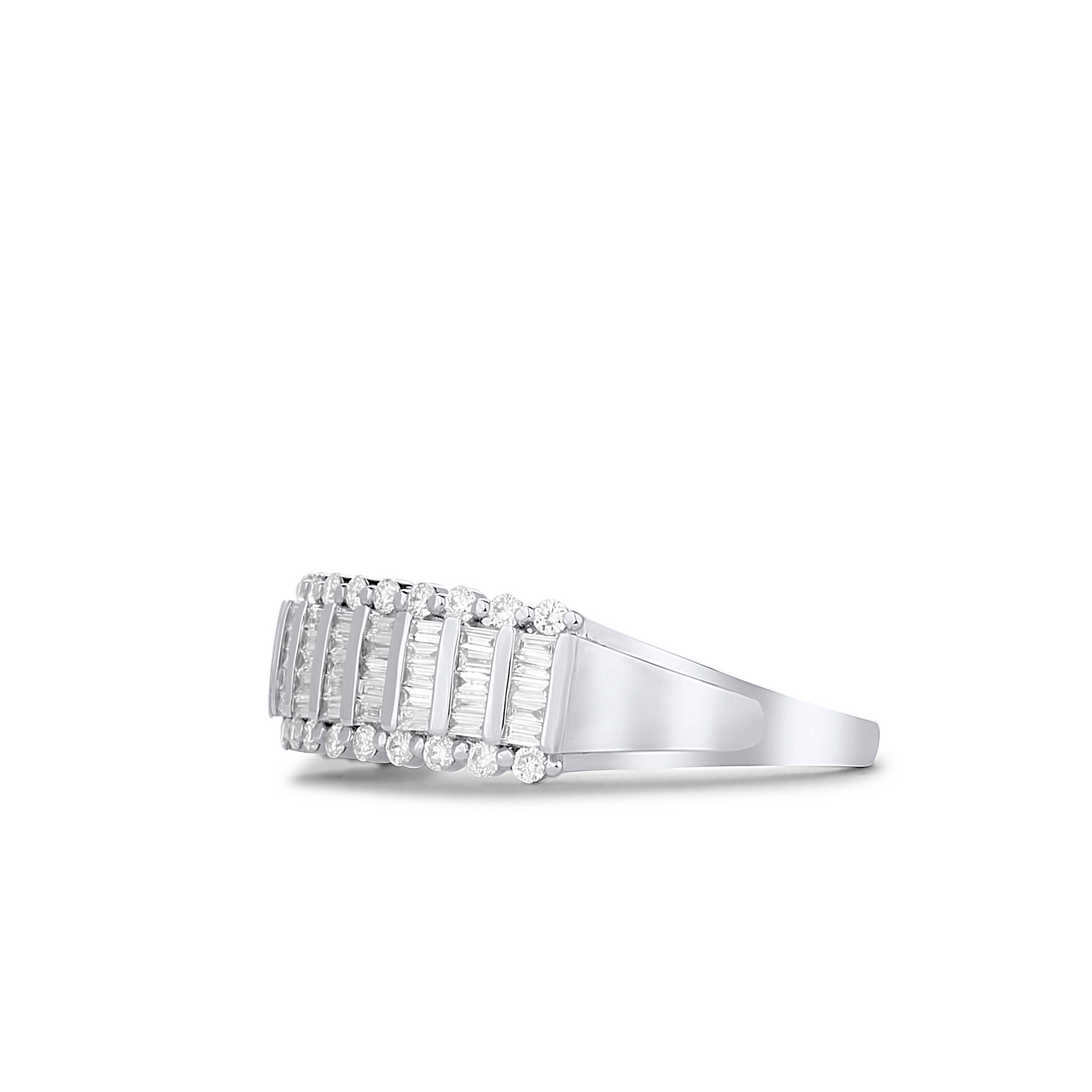 Silver ring with multiple diamond settings on a white background
