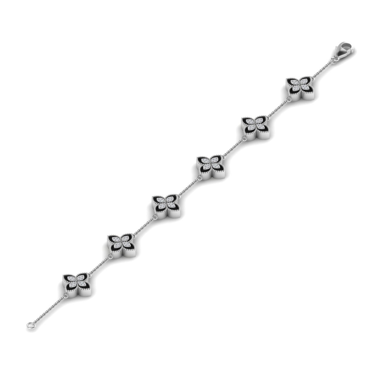 A bracelet made of gold with dual diamond clover designs on each side.