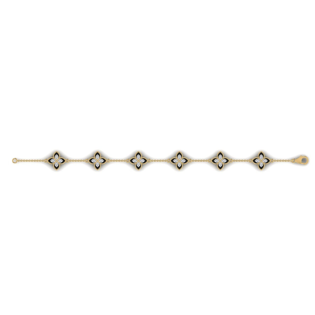 A bracelet made of gold with dual diamond clover designs on each side.