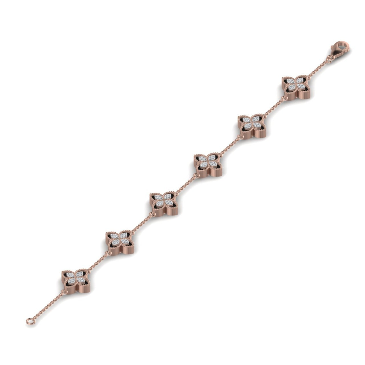A bracelet made of gold with dual diamond clover designs on each side.