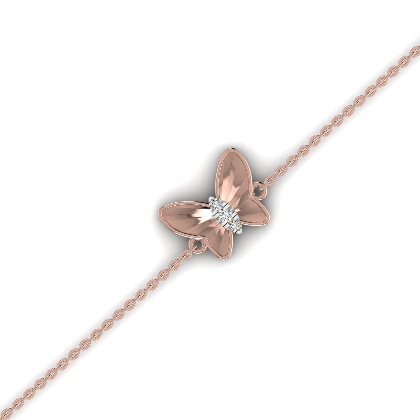Rose gold butterfly necklace with a diamond on a white background