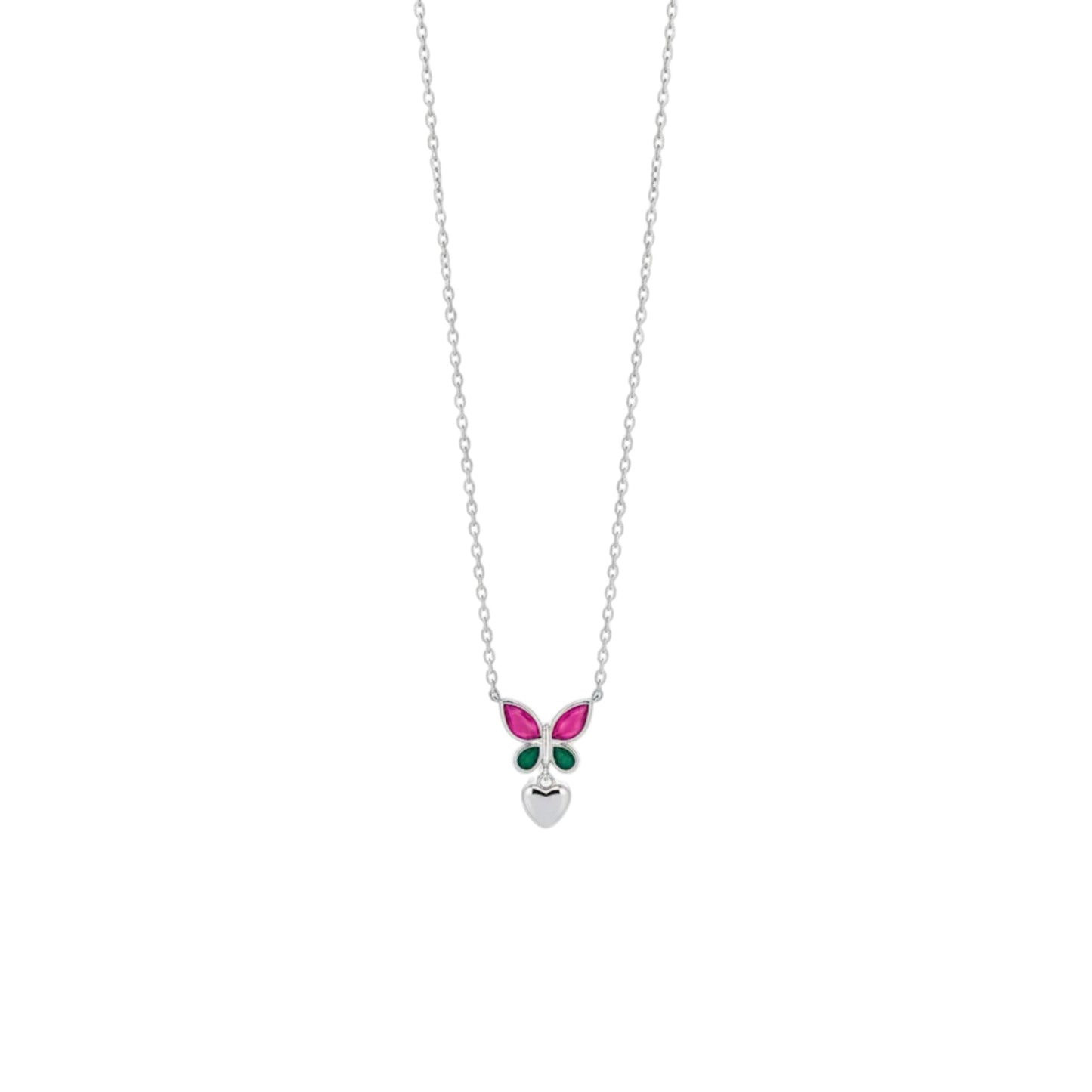 Emerald And Pink Butterfly Heart Necklace in 925 Sterling Silver