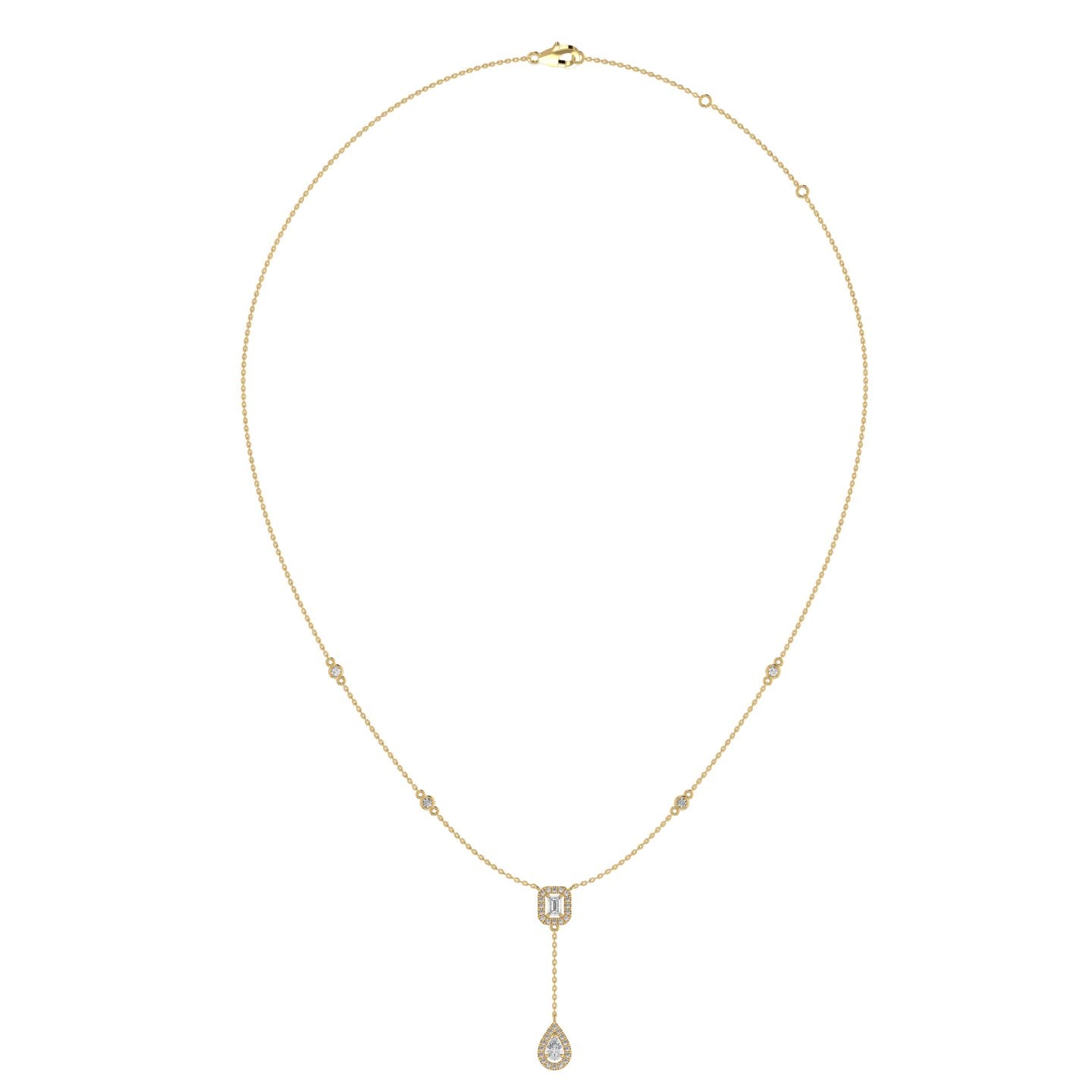Gold necklace with a teardrop-shaped pendant on a white background