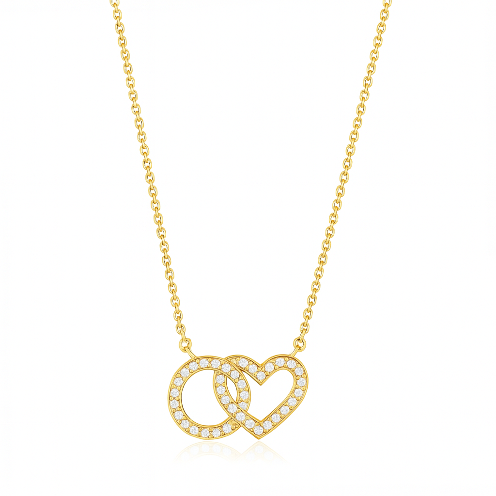 Gold necklace with interlocking heart pendants on a white background