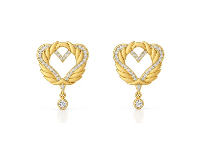 Gold heart-shaped earrings with diamond accents on a white background