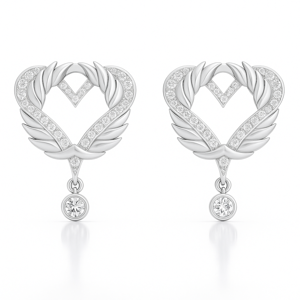 Pair of silver earrings with heart and leaf design on a white background