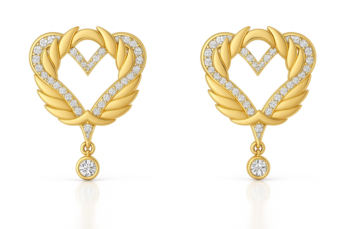 Gold heart-shaped earrings with diamond accents on a white background