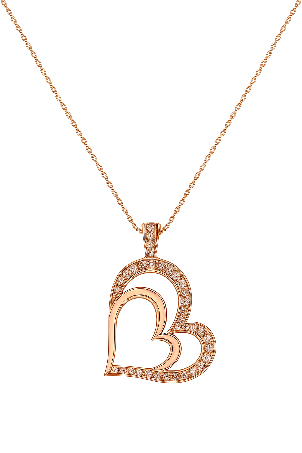 Rose gold heart-shaped necklace with diamonds on a white background