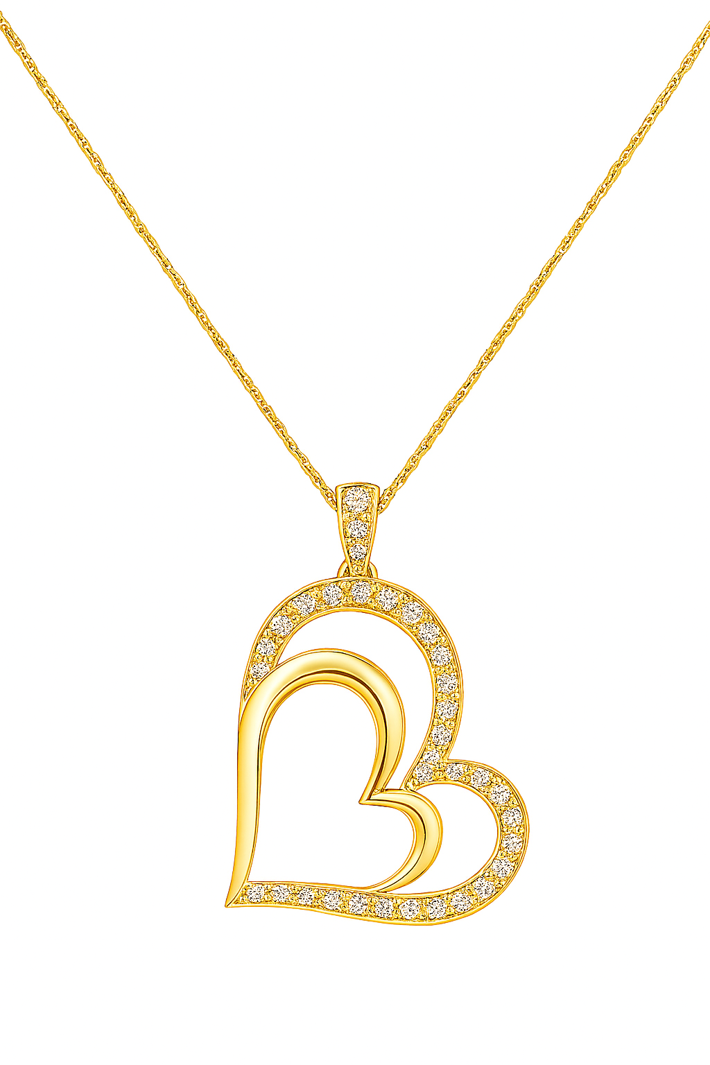 Gold heart-shaped pendant with diamonds on a white background