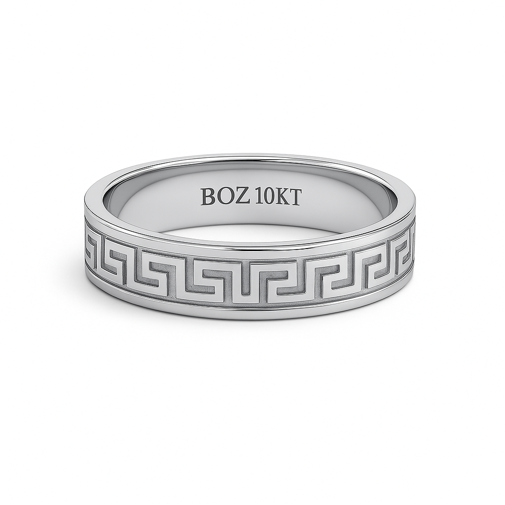 Silver ring with Greek key design and 'BOZ 10KT' engraving on a white background