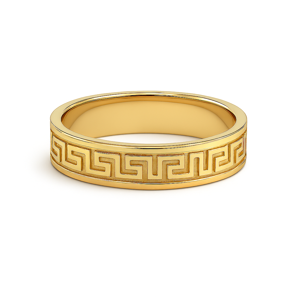 Gold ring with a Greek key design on a white background