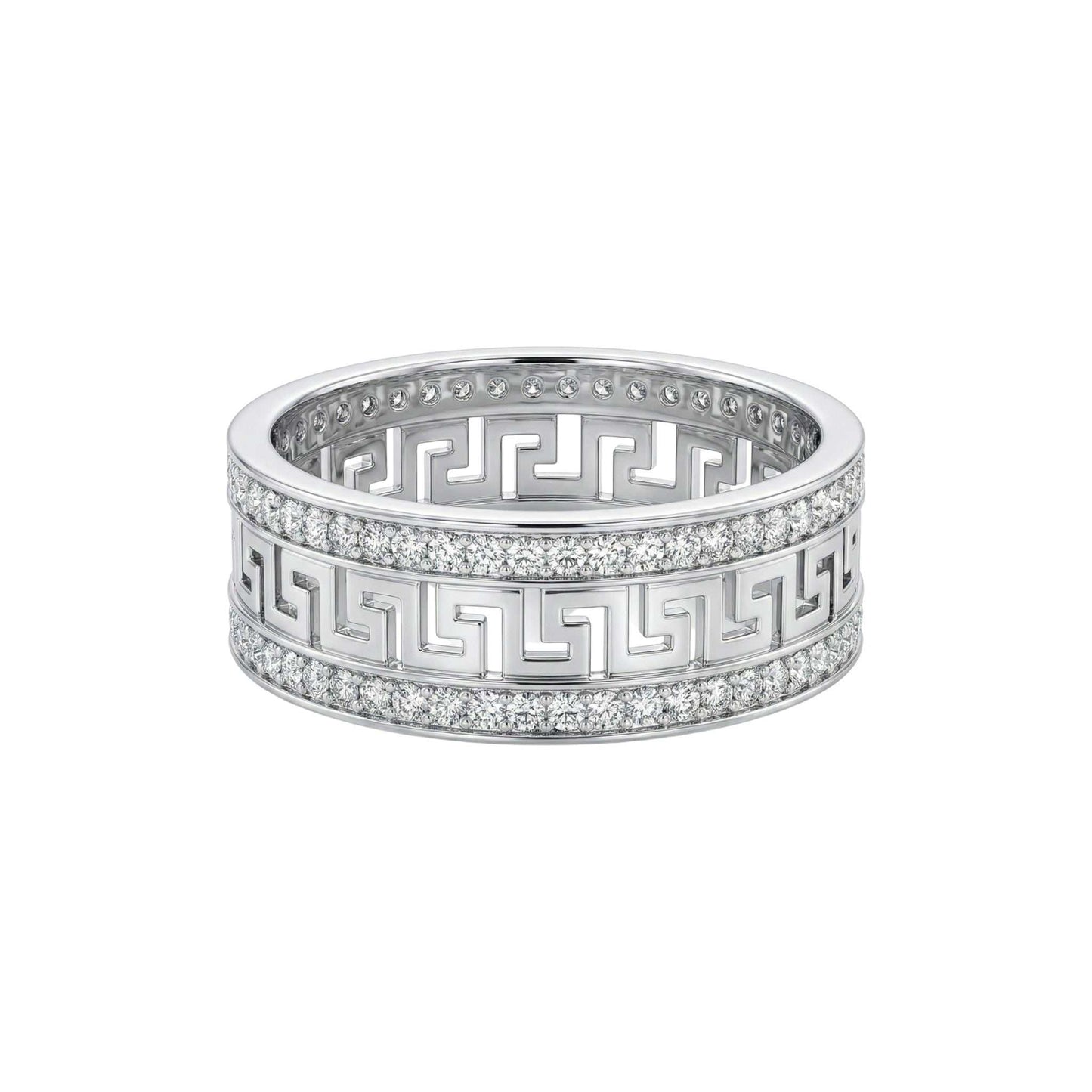 Greek Key CZ Band in 18KT gold with intricate Meander pattern and cubic zirconia stones