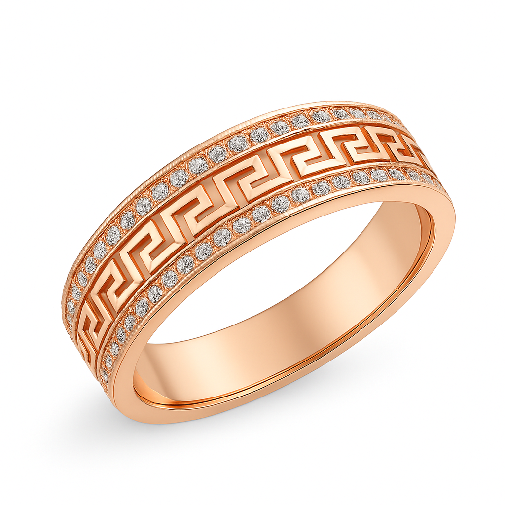 Rose gold ring with intricate design and small diamonds on a white background