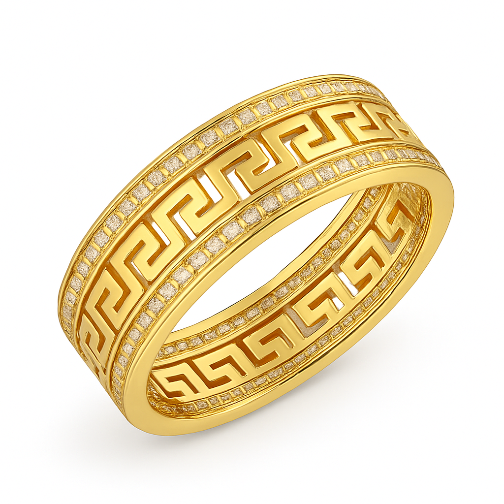 Gold ring with intricate design on a white background