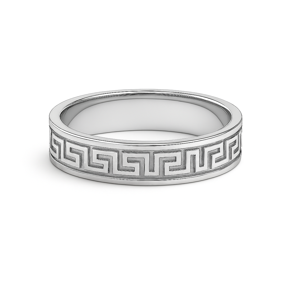 Silver ring with Greek key design on a white background