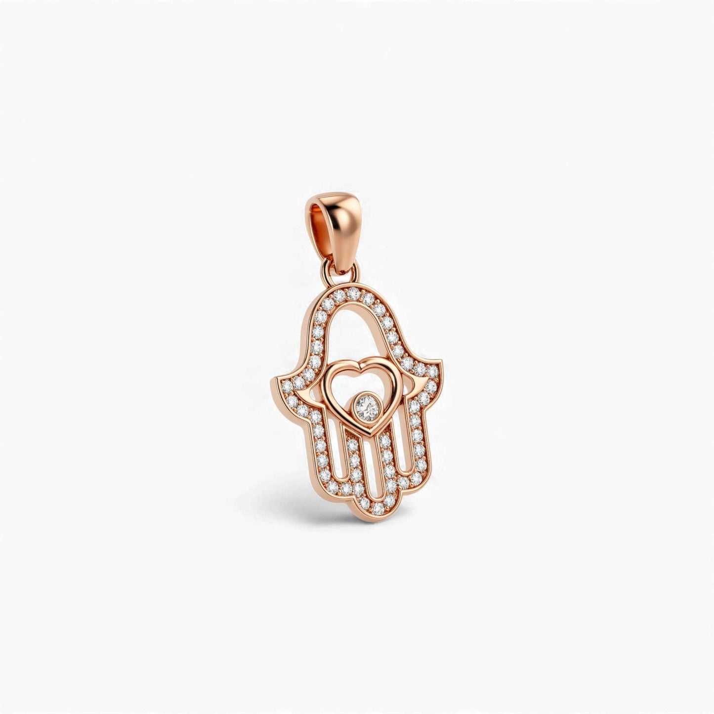 Rose gold Hamsa hand pendant with a heart design on a white background