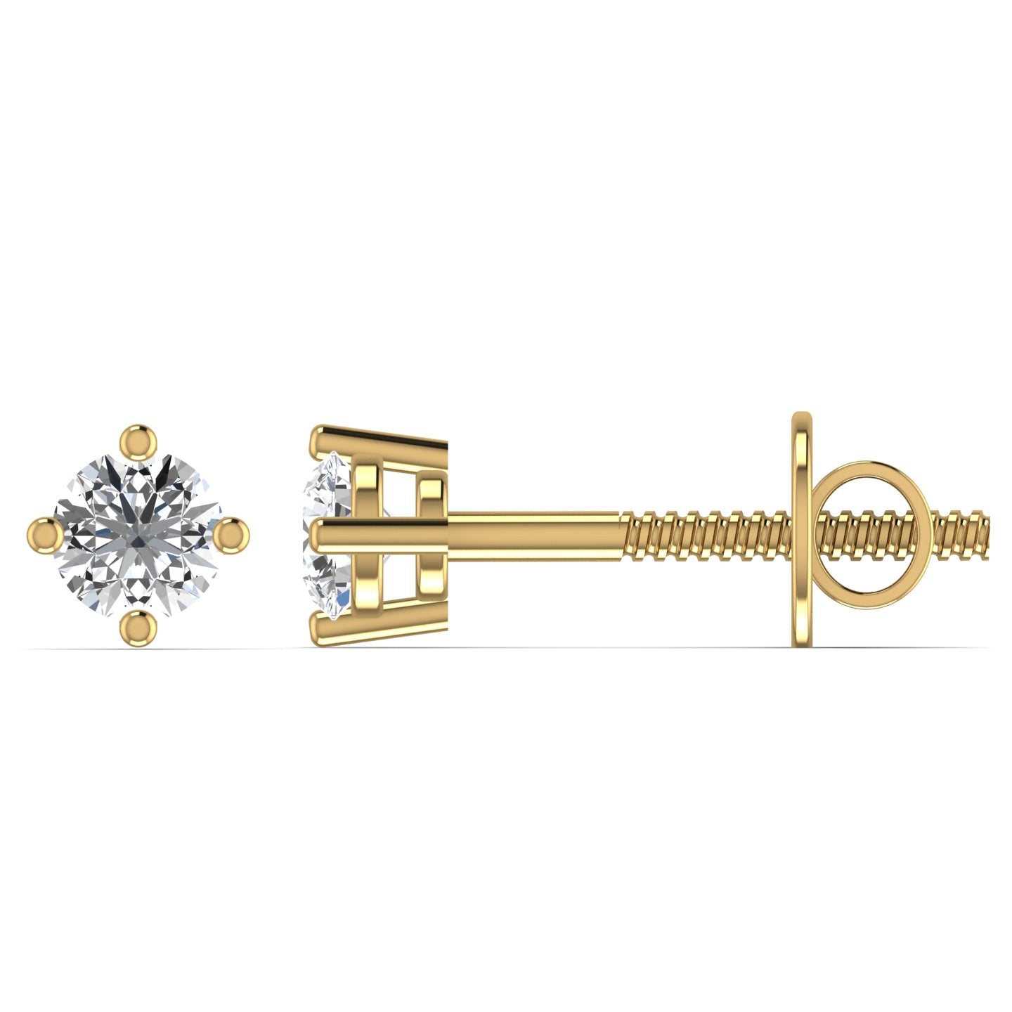 A pair of solitaire diamond stud earrings set in 18K gold.