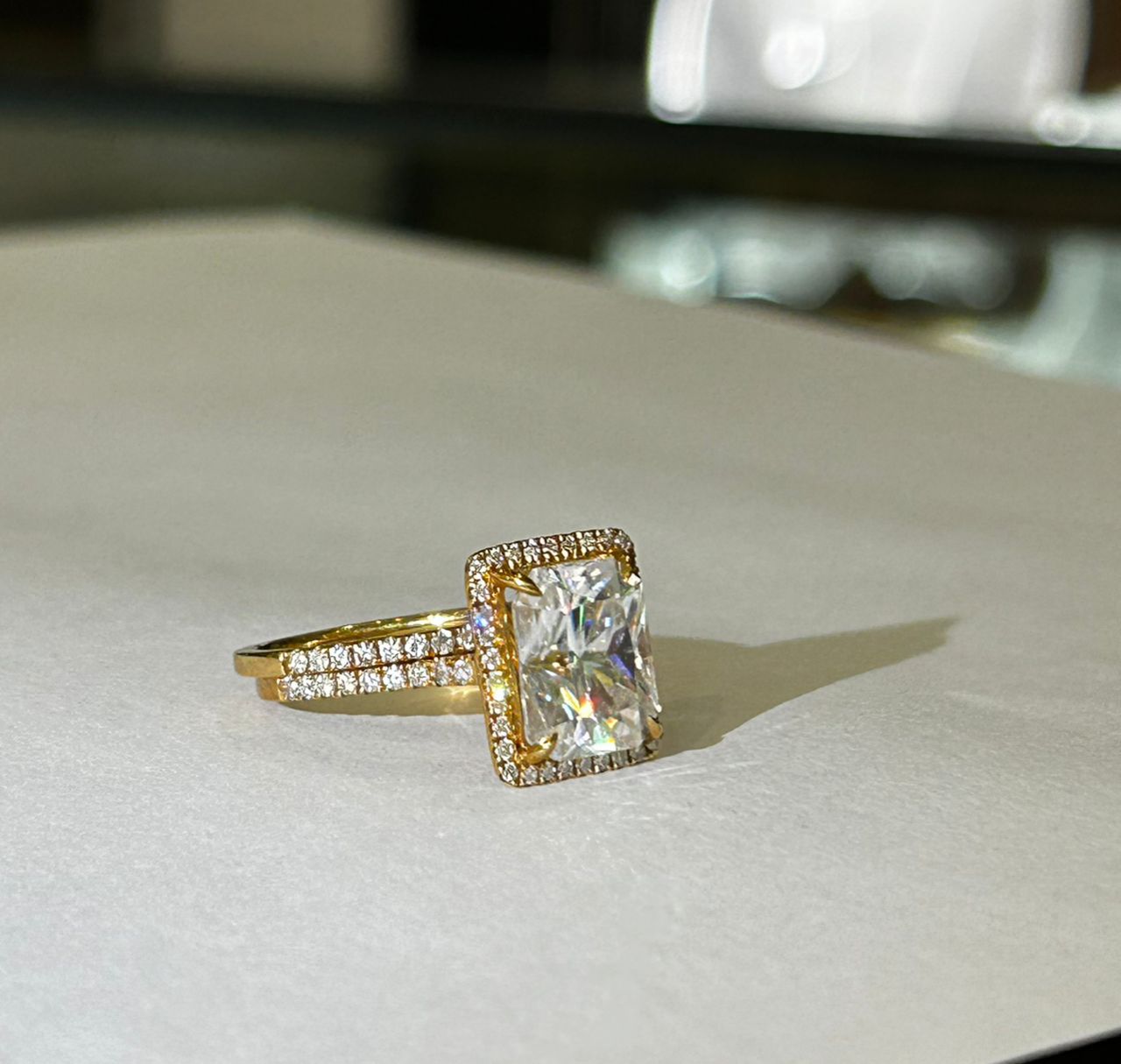 Zia Radiant Cut Moissanite and Natural Diamonds Bride Set in 18K Gold