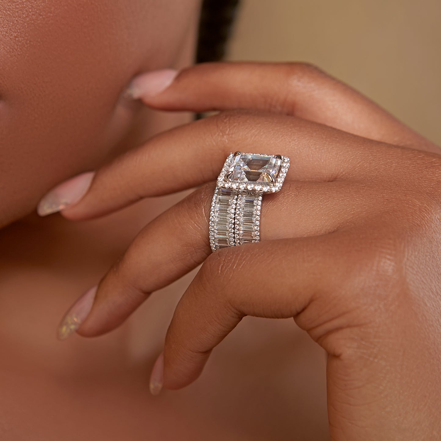 Liz Radiant Cut Moissanite Bride Set in 18K Gold