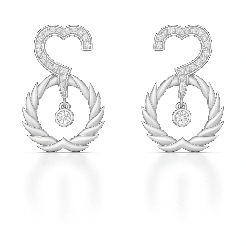 Pair of silver earrings with heart and laurel wreath design on a white background