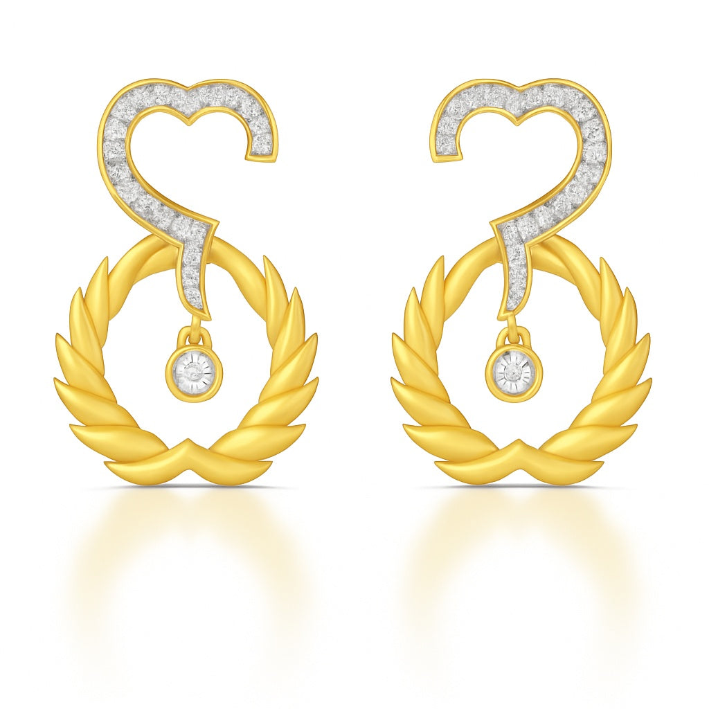 Gold earrings with heart and laurel wreath design on a white background