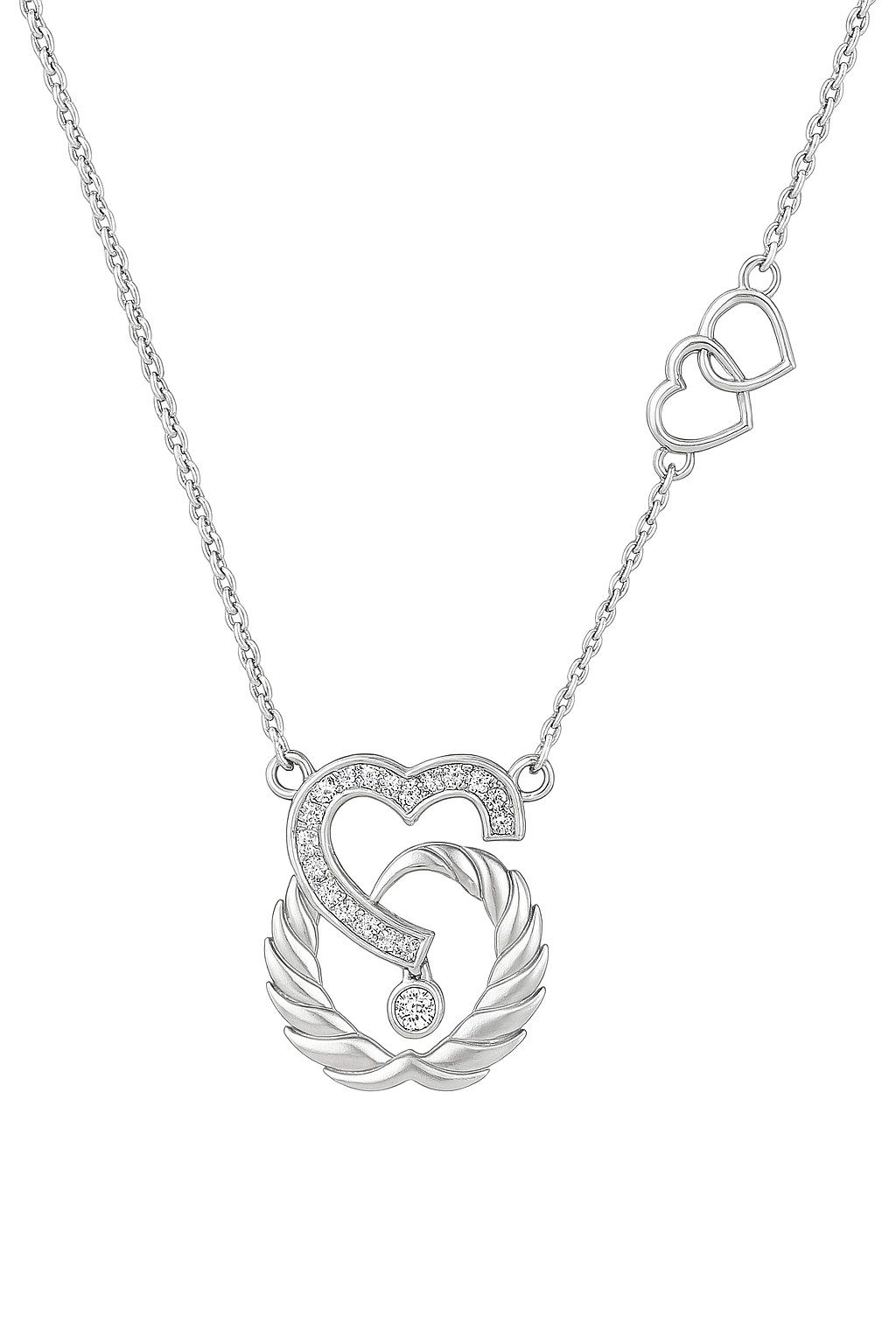 Silver necklace with a heart-shaped pendant on a white background