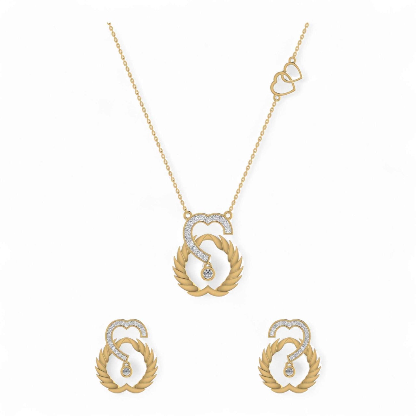 Gold necklace and earrings set on a white background