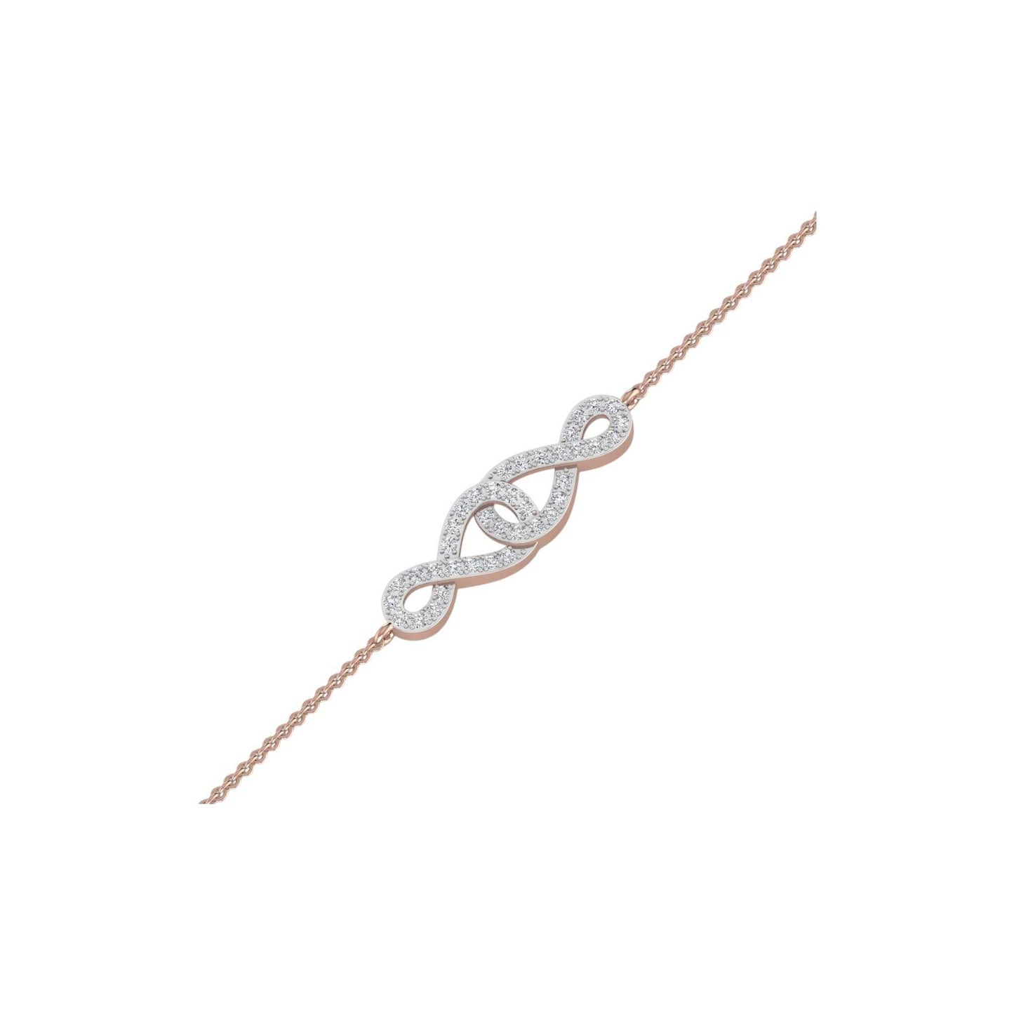 Rose gold bracelet with a diamond infinity symbol on a white background